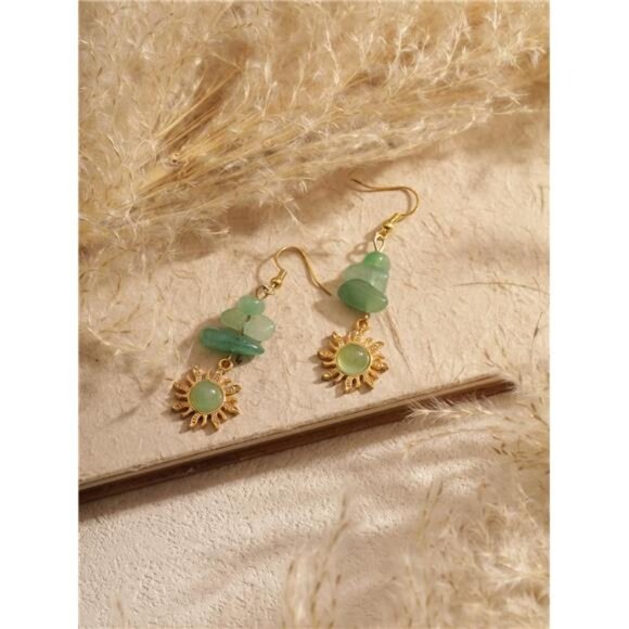 Boho Green Sunburst Earrings – Natural Stone Statement Earrings - Picture 1 of 5